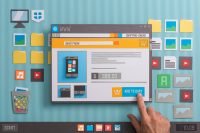 Online shopping website with product pictures and price in a browser window, the user is adding the item to the shopping cart, collage and paper cut composition